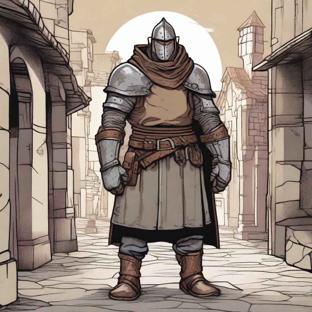 A grubby town guard in shabby medieval armor, depicted in a dungeons and dragons illustration style