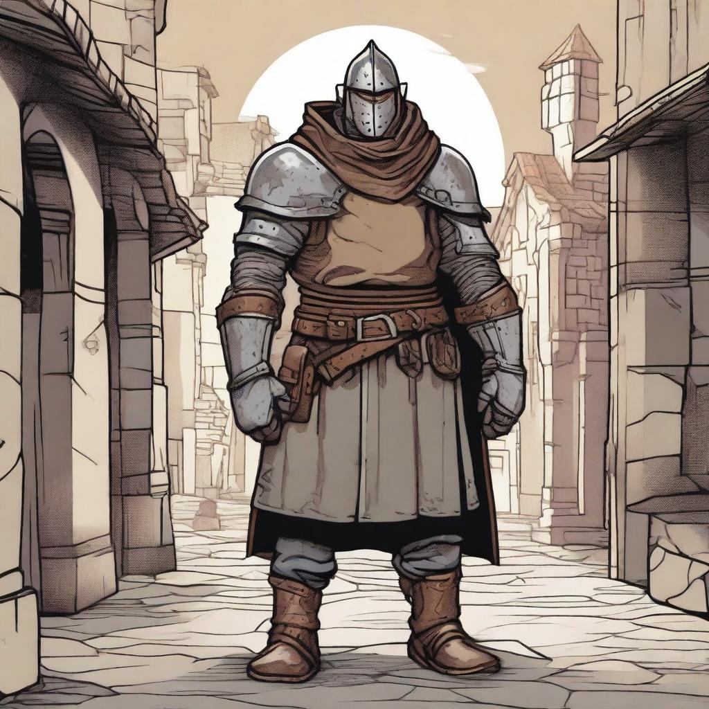 A grubby town guard in shabby medieval armor, depicted in a dungeons and dragons illustration style