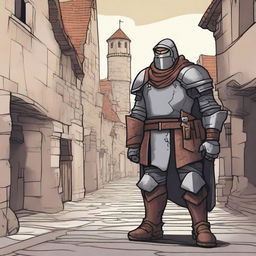 A grubby town guard in shabby medieval armor, depicted in a dungeons and dragons illustration style