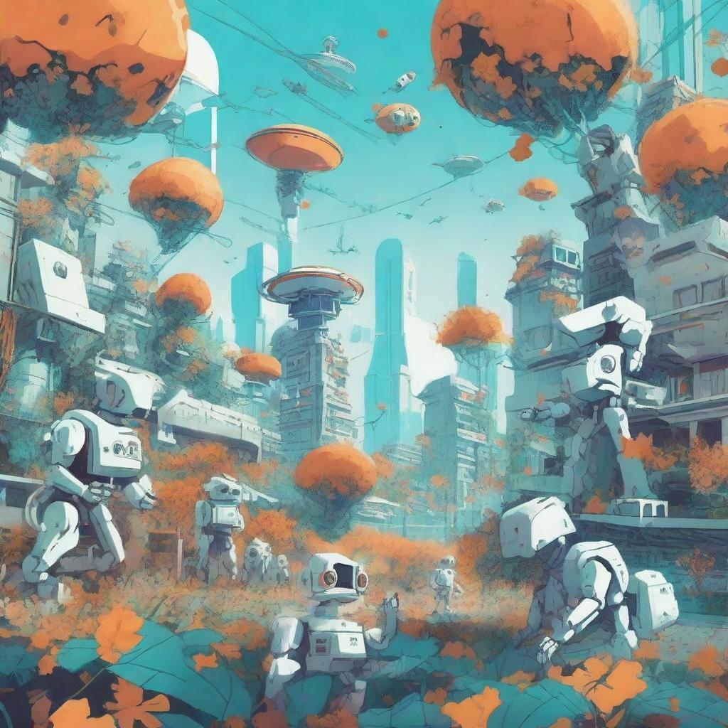 A futuristic scene featuring robots and skeletons in a city overrun by vines and leaves