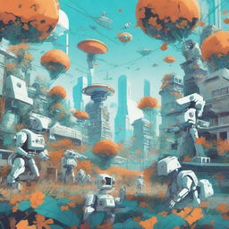 A futuristic scene featuring robots and skeletons in a city overrun by vines and leaves