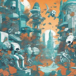 A futuristic scene featuring robots and skeletons in a city overrun by vines and leaves