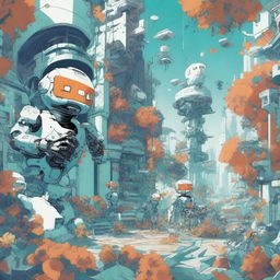 A futuristic scene featuring robots and skeletons in a city overrun by vines and leaves