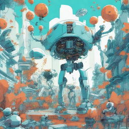 A futuristic scene featuring robots and skeletons in a city overrun by vines and leaves