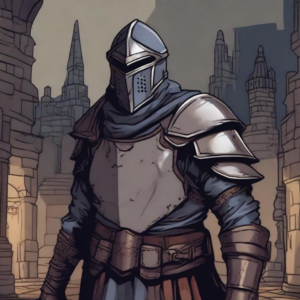 A grubby town guard in shabby medieval armor, depicted in a dungeons and dragons illustration style