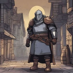 A grubby town guard in shabby medieval armor, depicted in a dungeons and dragons illustration style