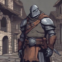 A grubby town guard in shabby medieval armor, depicted in a dungeons and dragons illustration style