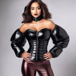 A beautiful woman wearing a tight, shiny black puffer corset