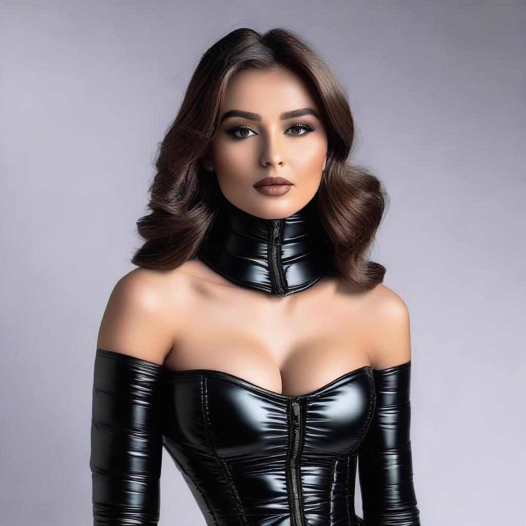 A beautiful woman wearing a tight, shiny black puffer corset