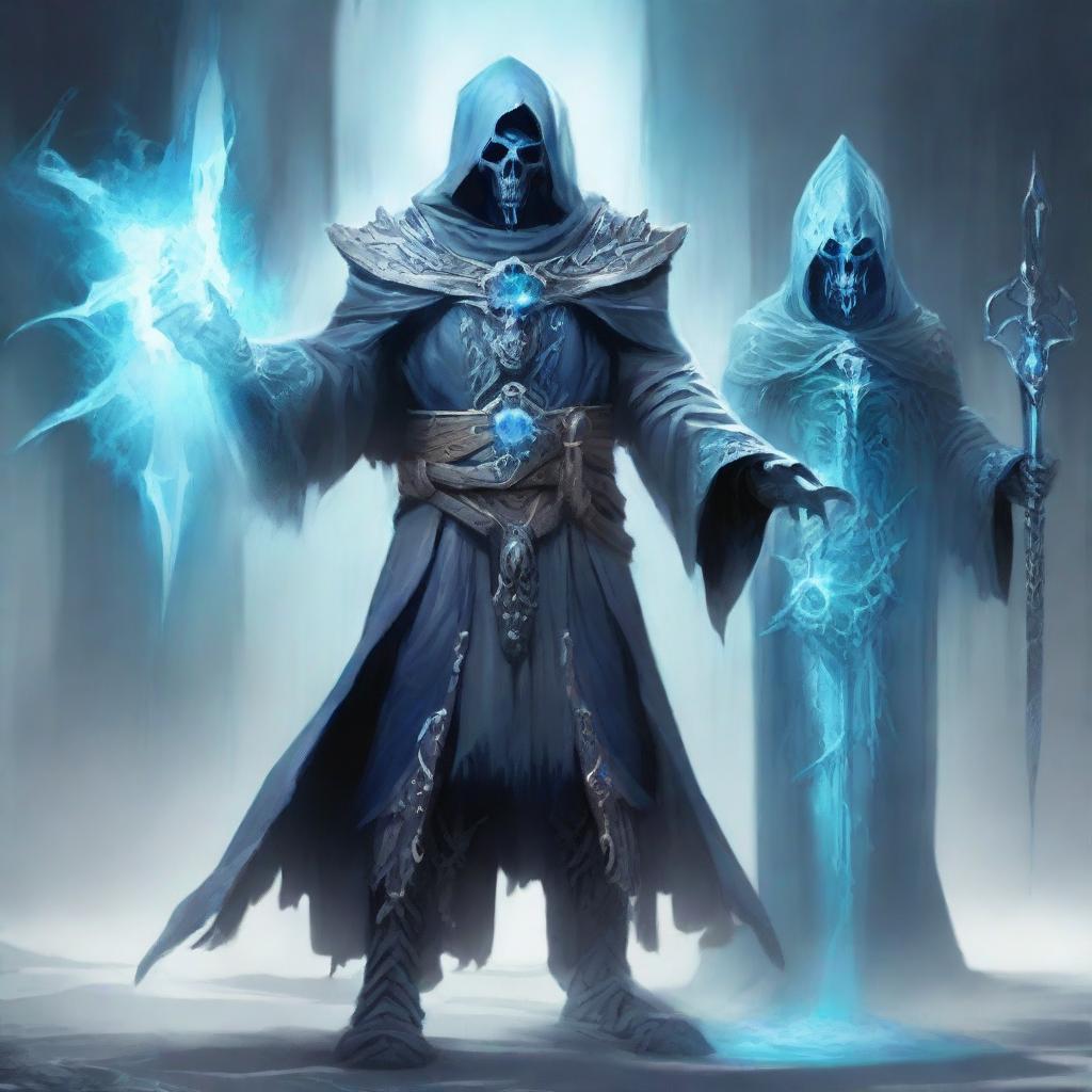 A powerful lich wielding ice magic stands menacingly beside a psionic swordmaster elf