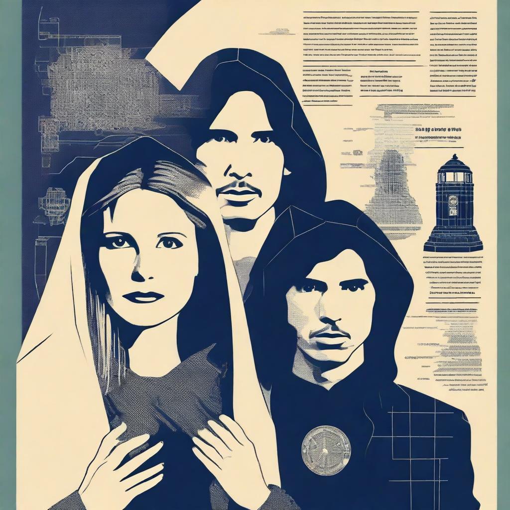 Create a retro and romantic sci-fi poster about time travel featuring Jennifer Jason Leigh with blonde hair in 1901 attire, and Adam Driver as a modern programmer