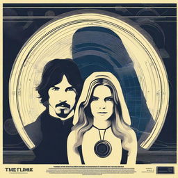 Create a retro and romantic sci-fi poster about time travel featuring Jennifer Jason Leigh with blonde hair in 1901 attire, and Adam Driver as a modern programmer