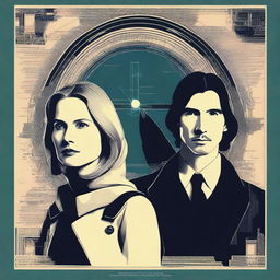 Create a retro and romantic sci-fi poster about time travel featuring Jennifer Jason Leigh with blonde hair in 1901 attire, and Adam Driver as a modern programmer