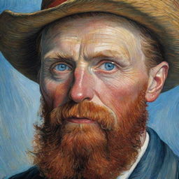 A realistic, detailed painting of Vincent van Gogh's face with his notable red beard and blue eyes.