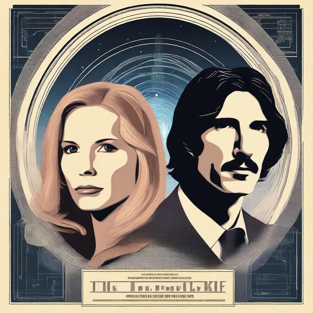 Create a romantic sci-fi poster about time travel featuring Jennifer Jason Leigh with blonde hair in 1901 attire, and Adam Driver as a modern programmer