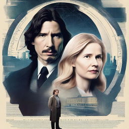 Create a romantic sci-fi poster about time travel featuring Jennifer Jason Leigh with blonde hair in 1901 attire, and Adam Driver as a modern programmer