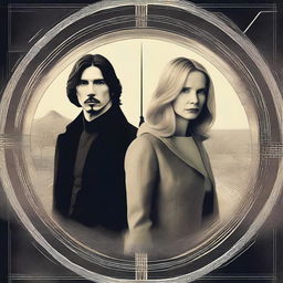 Create a romantic sci-fi poster about time travel featuring Jennifer Jason Leigh with blonde hair in 1901 attire, and Adam Driver as a modern programmer