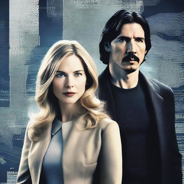 Create a romantic sci-fi poster about time travel featuring Jennifer Jason Leigh with blonde hair in 1901 attire, and Adam Driver as a modern programmer