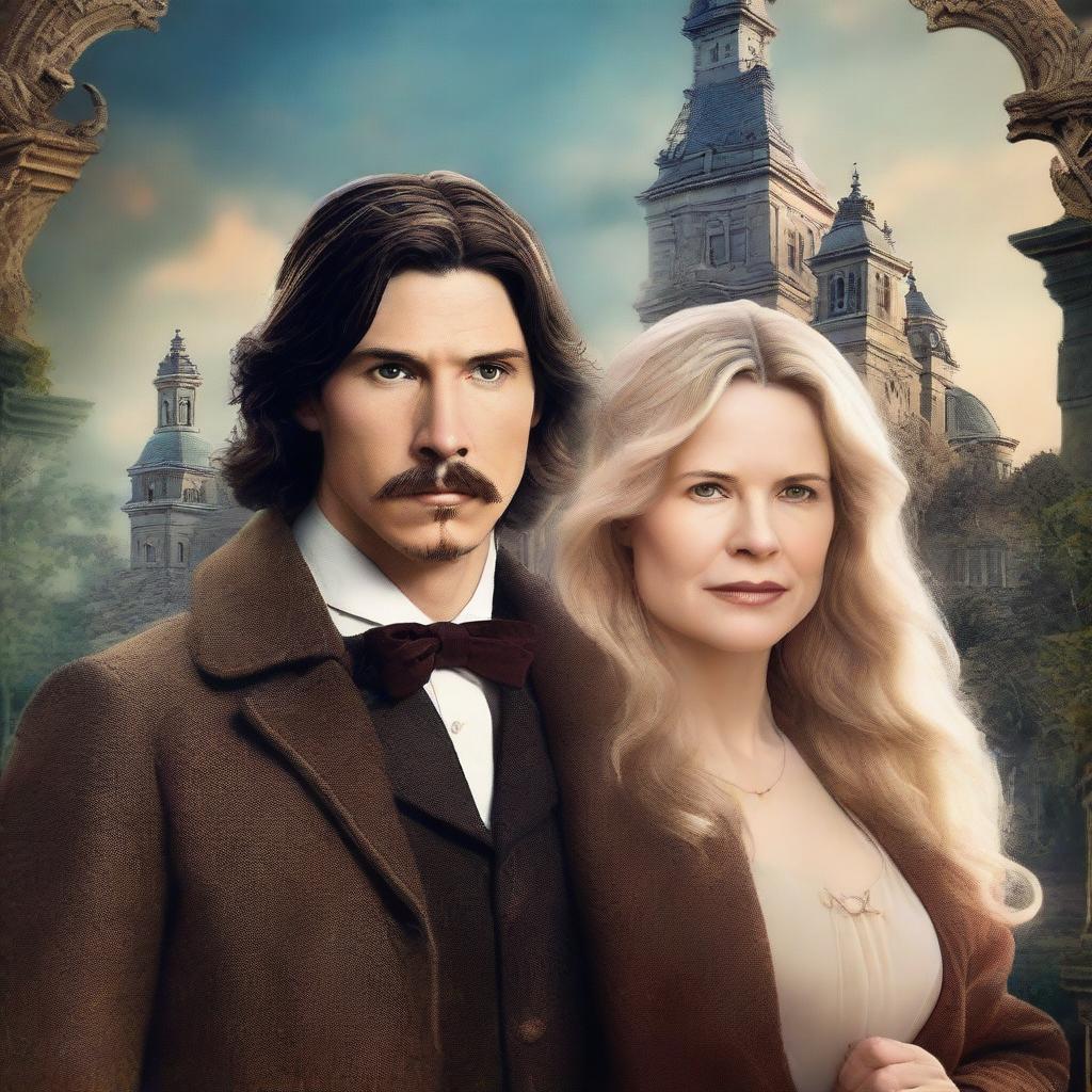 Create a romantic and fantasy book cover about time travel featuring Jennifer Jason Leigh with blonde hair in 1901 attire, and Adam Driver as a modern programmer