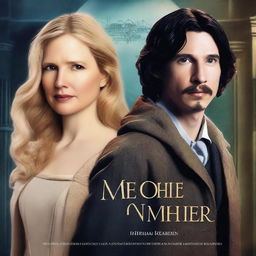 Create a romantic and fantasy book cover about time travel featuring Jennifer Jason Leigh with blonde hair in 1901 attire, and Adam Driver as a modern programmer