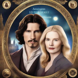 Create a romantic and fantasy book cover about time travel featuring Jennifer Jason Leigh with blonde hair in 1901 attire, and Adam Driver as a modern programmer