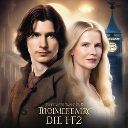 Create a romantic and fantasy book cover about time travel featuring Jennifer Jason Leigh with blonde hair in 1901 attire, and Adam Driver as a modern programmer