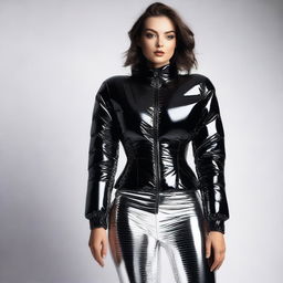 A confident woman wearing a tight, shiny black puffer corset