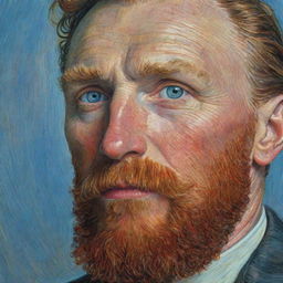 A realistic, detailed painting of Vincent van Gogh's face with his notable red beard and blue eyes.