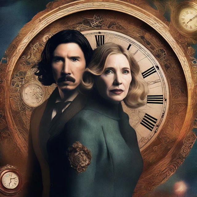 Create a digital art book cover featuring Adam Driver and Jennifer Jason Leigh in a time travel story