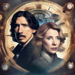 Create a digital art book cover featuring Adam Driver and Jennifer Jason Leigh in a time travel story