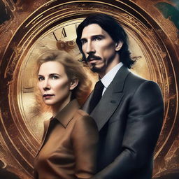 Create a digital art book cover featuring Adam Driver and Jennifer Jason Leigh in a time travel story