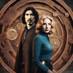 Create a digital art book cover featuring Adam Driver and Jennifer Jason Leigh in a time travel story