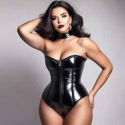 A confident and alluring woman wearing a tight, shiny black puffer corset