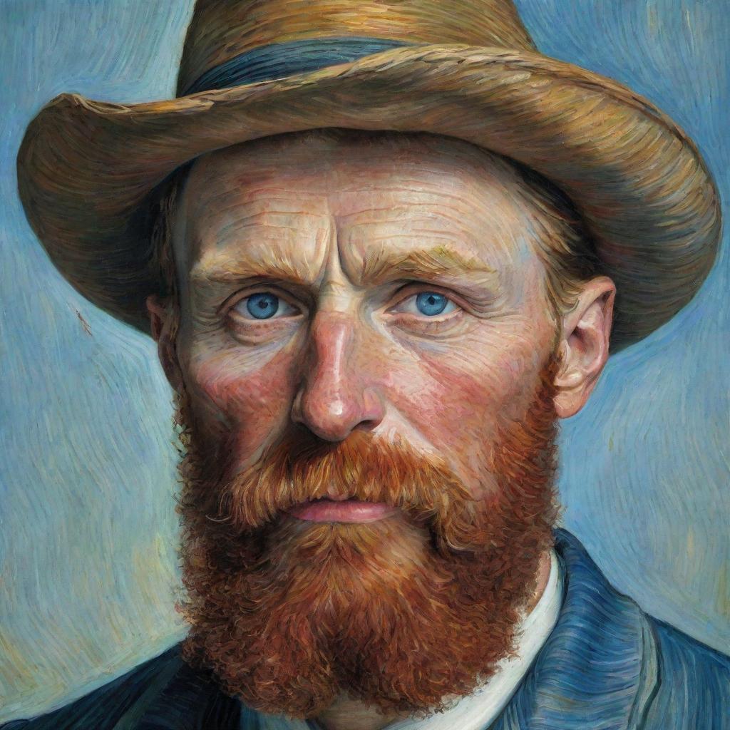 A realistic, detailed painting of Vincent van Gogh's face with his notable red beard and blue eyes.