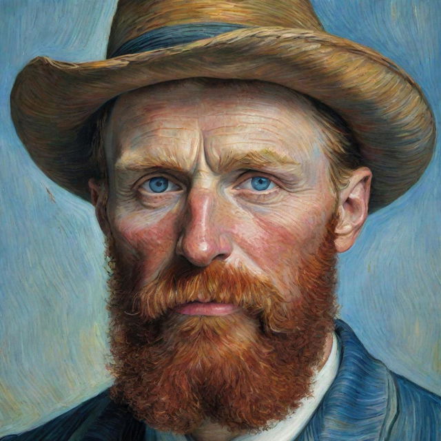 A realistic, detailed painting of Vincent van Gogh's face with his notable red beard and blue eyes.