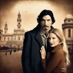 Create a captivating and striking book cover for a time travel love story featuring Adam Driver and Jennifer Jason Leigh