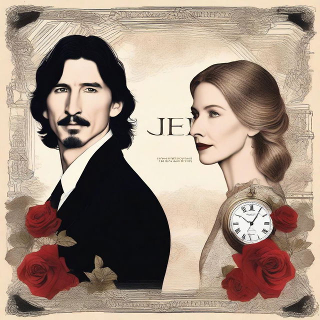 Create a captivating and striking book cover for a time travel love story featuring Adam Driver and Jennifer Jason Leigh