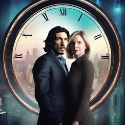 Create a digital art for a sci-fi book cover featuring Adam Driver and Jennifer Jason Leigh