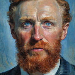 A realistic, detailed painting of Vincent van Gogh's face with his notable red beard and blue eyes.