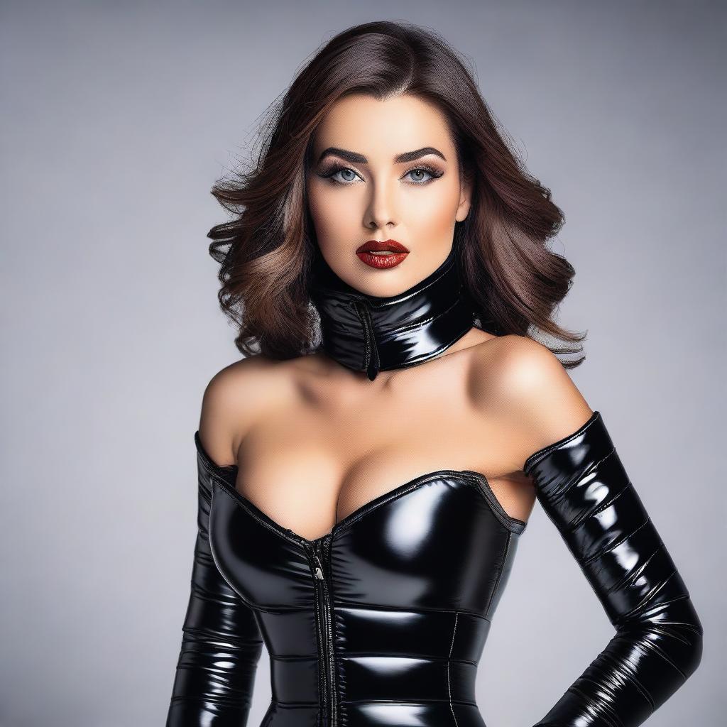 A confident and alluring woman wearing a tight, shiny black puffer corset