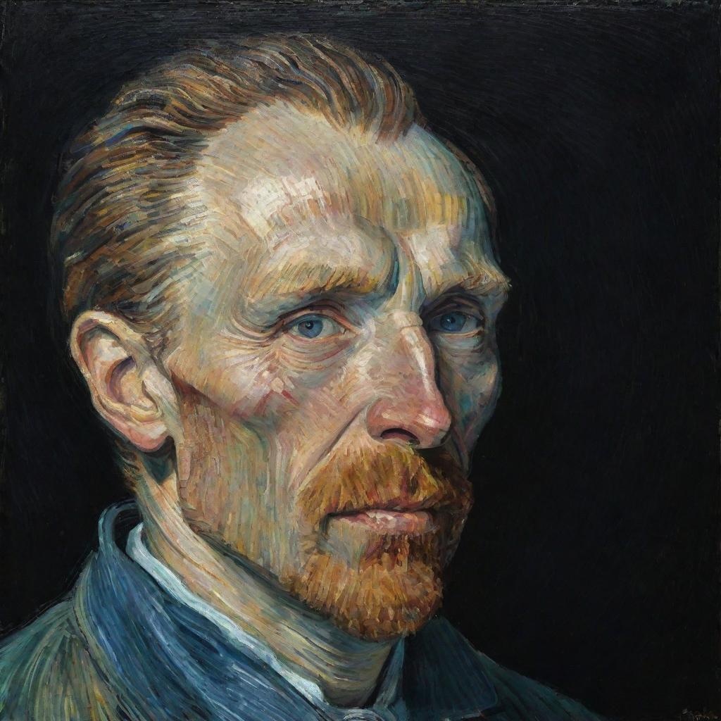 An evocative painting of Vincent van Gogh's face, lit dimly, emerging from the darkness.