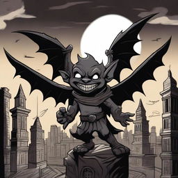 A winged imp made of grinning black shadows, set against a dark medieval city sky