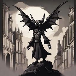 A winged imp made of grinning black shadows, set against a dark medieval city sky