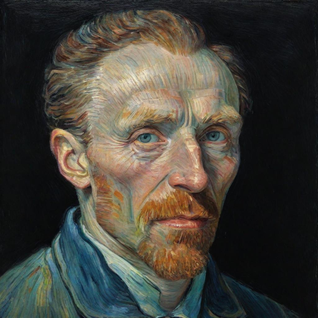 An evocative painting of Vincent van Gogh's face, lit dimly, emerging from the darkness.