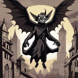 A winged imp made of grinning black shadows, set against a dark medieval city sky