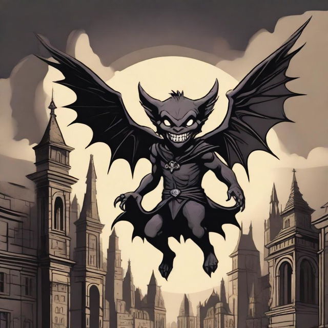 A winged imp made of grinning black shadows, set against a dark medieval city sky