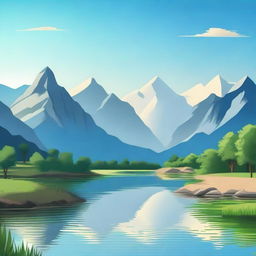 Create an image with a beautiful landscape featuring mountains, a river, and a clear blue sky