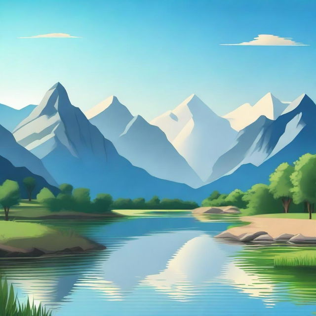 Create an image with a beautiful landscape featuring mountains, a river, and a clear blue sky