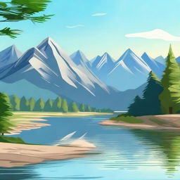 Create an image with a beautiful landscape featuring mountains, a river, and a clear blue sky