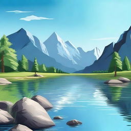 Create an image with a beautiful landscape featuring mountains, a river, and a clear blue sky